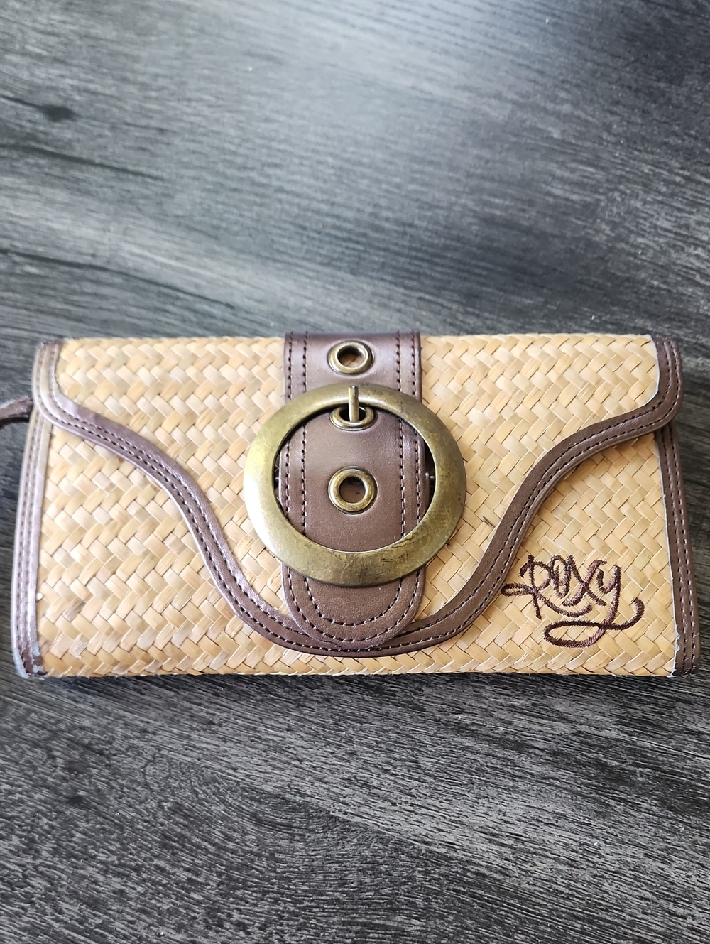 Roxy Tan Woven Wristlet Clutch with Brown Trim and Brass Accent